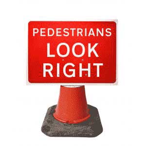 Portable Road Works | Road Cone Signs | 600x450mm Pedestrians Look Right - 7017