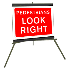 Portable Road Works Signs | Roll Up Tripod Signs | Pedestrians Look Right