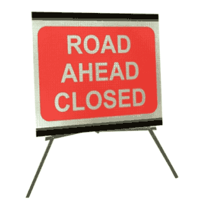 Portable Road Works Signs | Roll Up Tripod Signs | Road Ahead Closed 1050mm x 750mm