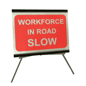 Portable Road Works Signs | Roll Up Tripod Signs | Workforce in road - Slow 1050mm x 750mm