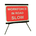 Portable Road Works Signs | Roll Up Tripod Signs | Workforce in road - Slow 