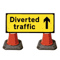 Portable Road Works | Road Cone Signs | 1050x450mm Diverted Traffic with Arrow Straight on - 2703