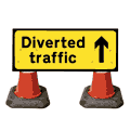 Portable Road Works | Road Cone Signs | 1050x450mm Diverted Traffic with Arrow Straight on - 2703 Portable Road Works | Road Cone Signs | 1050x450mm Diverted Traffic with Arrow Straight on - 2703